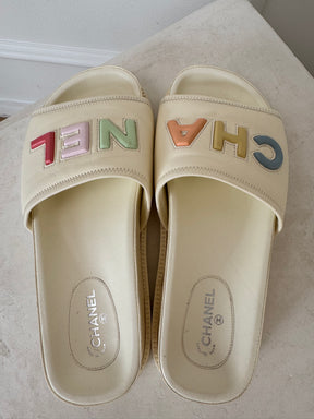 Chanel Cream Leather Slides With Pastel Logo, 38 C