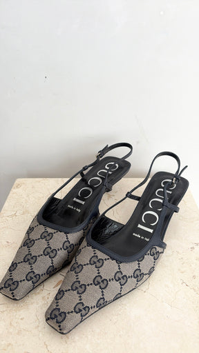Gucci Canvas Logo Slingback Pumps Navy, 38
