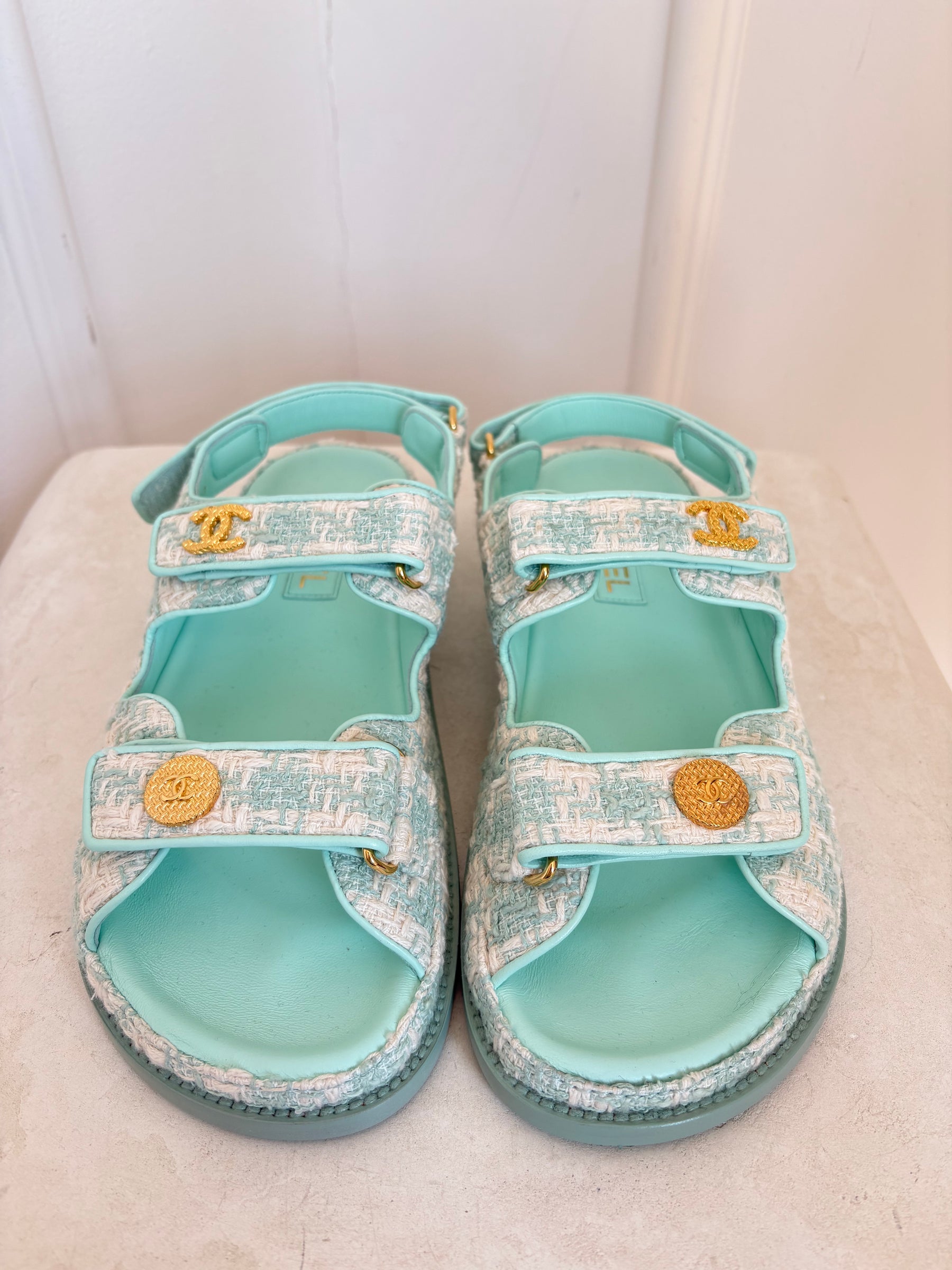 Chanel Light Blue and Ecru Tweed Dad Sandals, 39.5