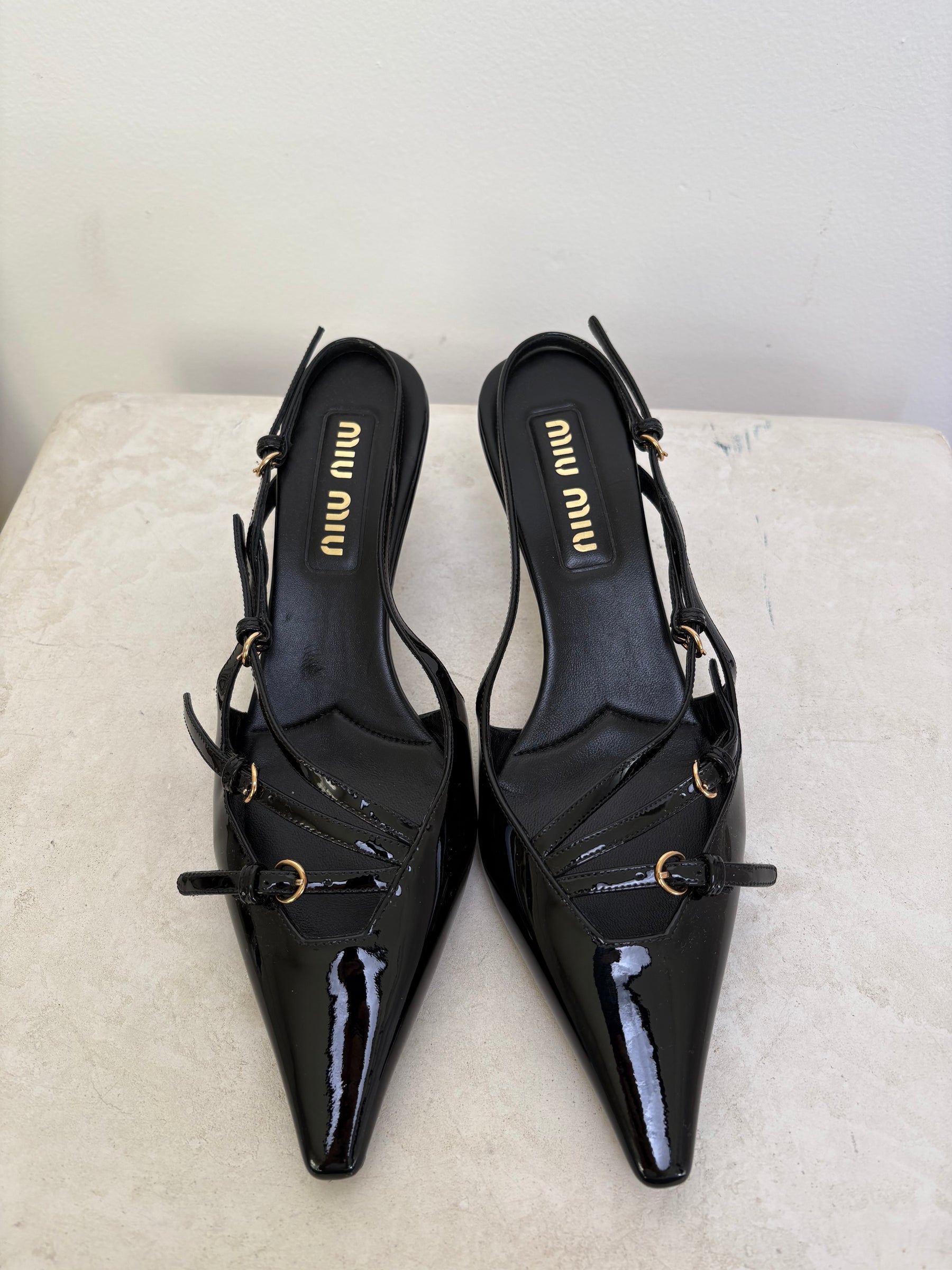 Miu Miu Black Patent Leather Singback Heels With Buckles 7cm, 38