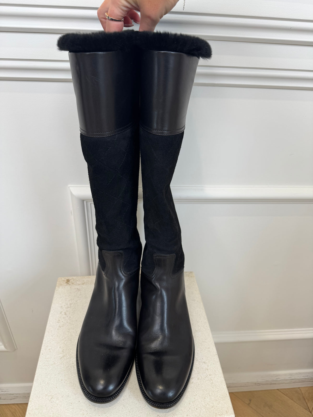 Chanel Black Leather and Suede Knee High Boots, 41