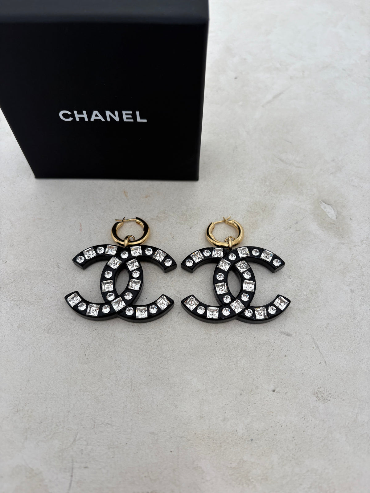 Chanel Black Crystal Embellished CC Drop Earring