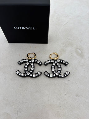 Chanel Black Crystal Embellished CC Drop Earring