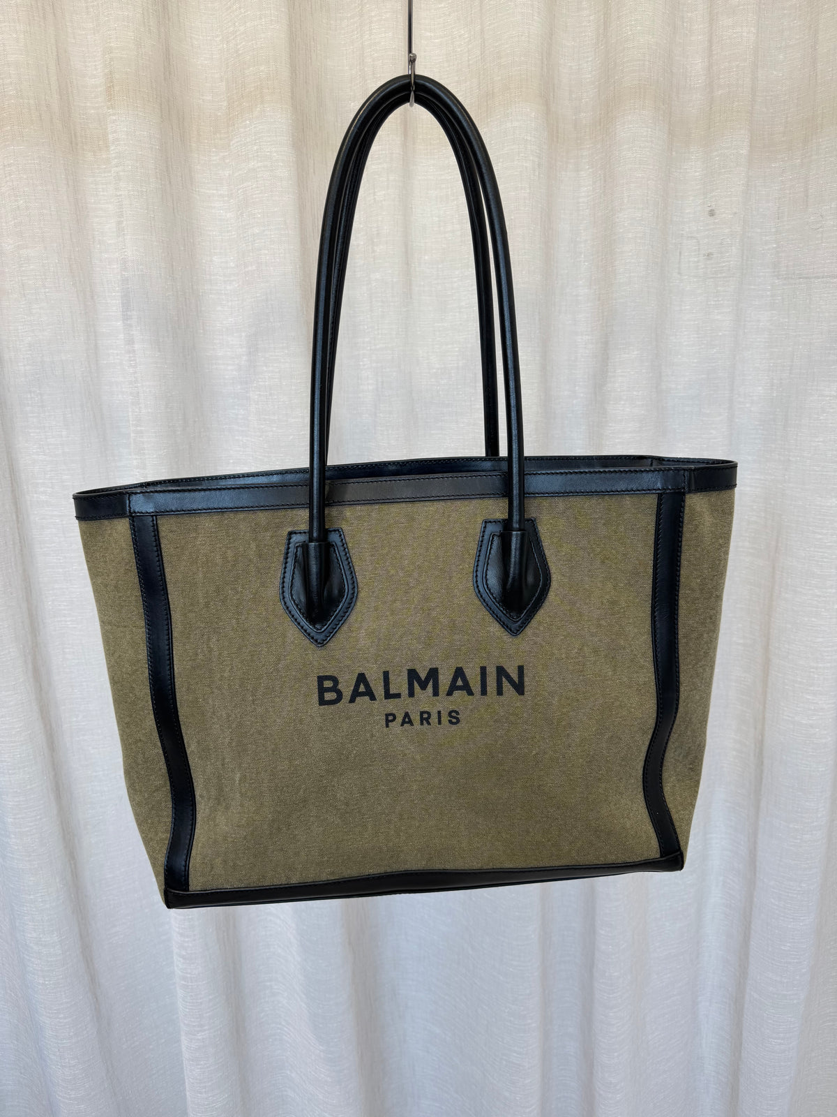 Balmain Khaki Canvas and Black Leather Logo Tote
