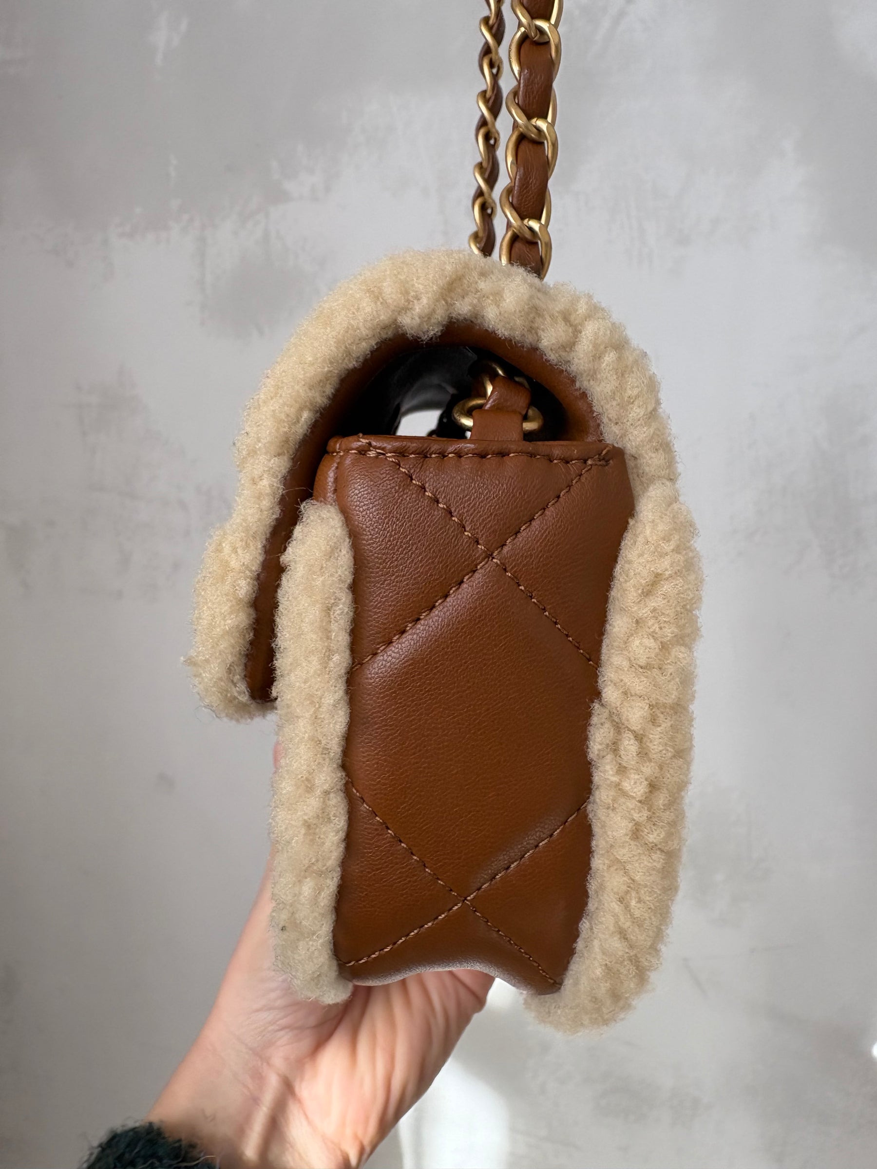 Chanel Mini Shearling Flap Bag Lambskin Dark Brown GHW