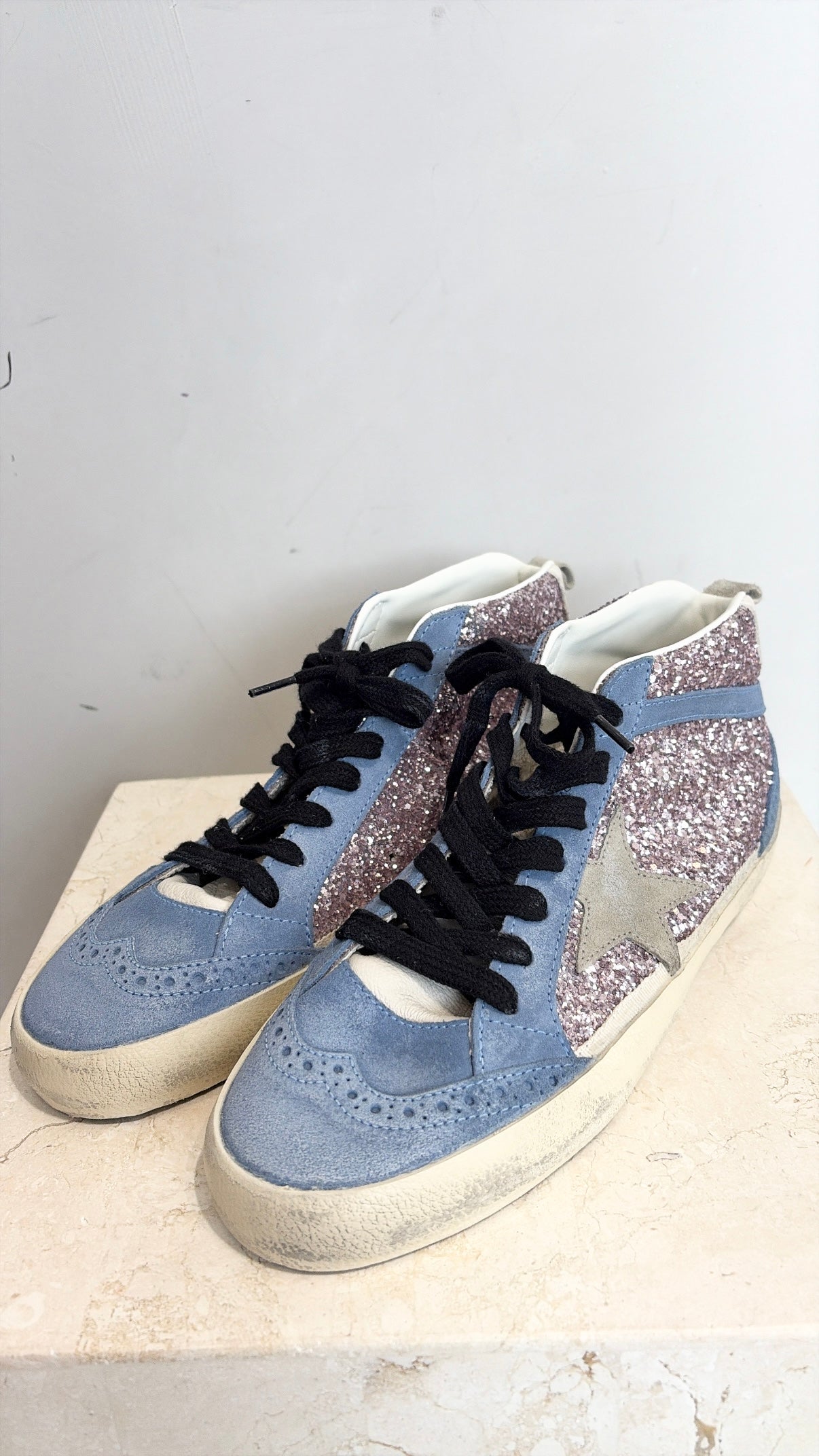 Golden Goose Blue Suede and Purple Glitter Midstar Sneakers, 38