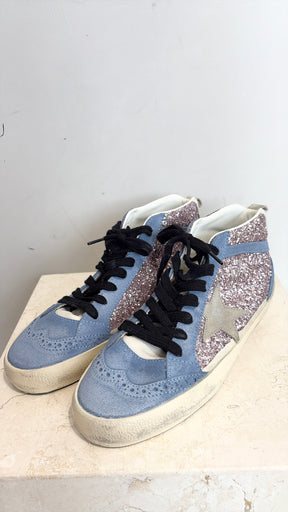 Golden Goose Blue Suede and Purple Glitter Midstar Sneakers, 38