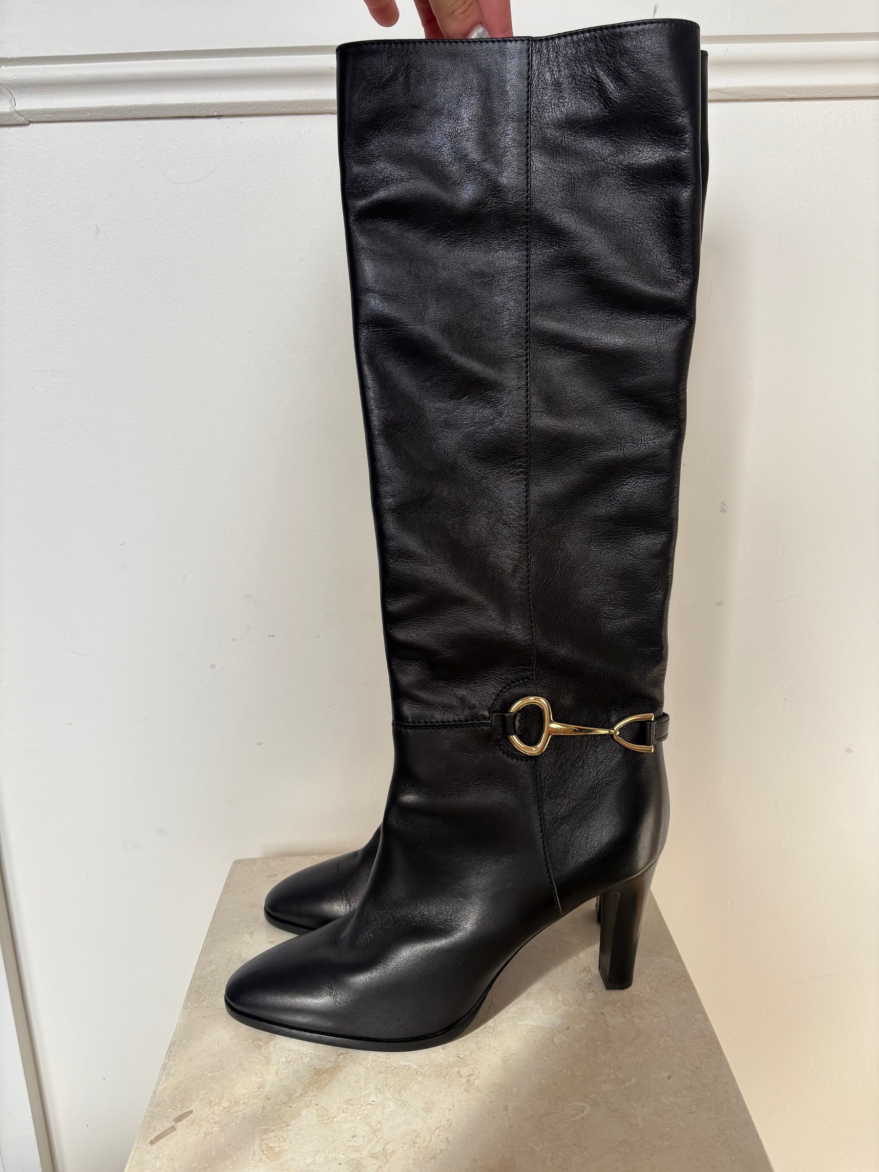 Celine Black Leather Horsebit Heeled Knee High Boot, 41