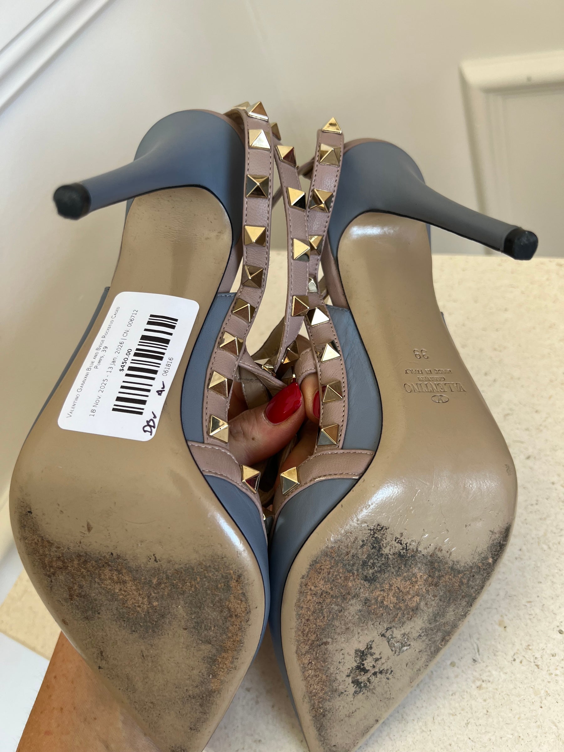 Valentino Garavani Blue and Beige Rockstud Caged Pumps, 39