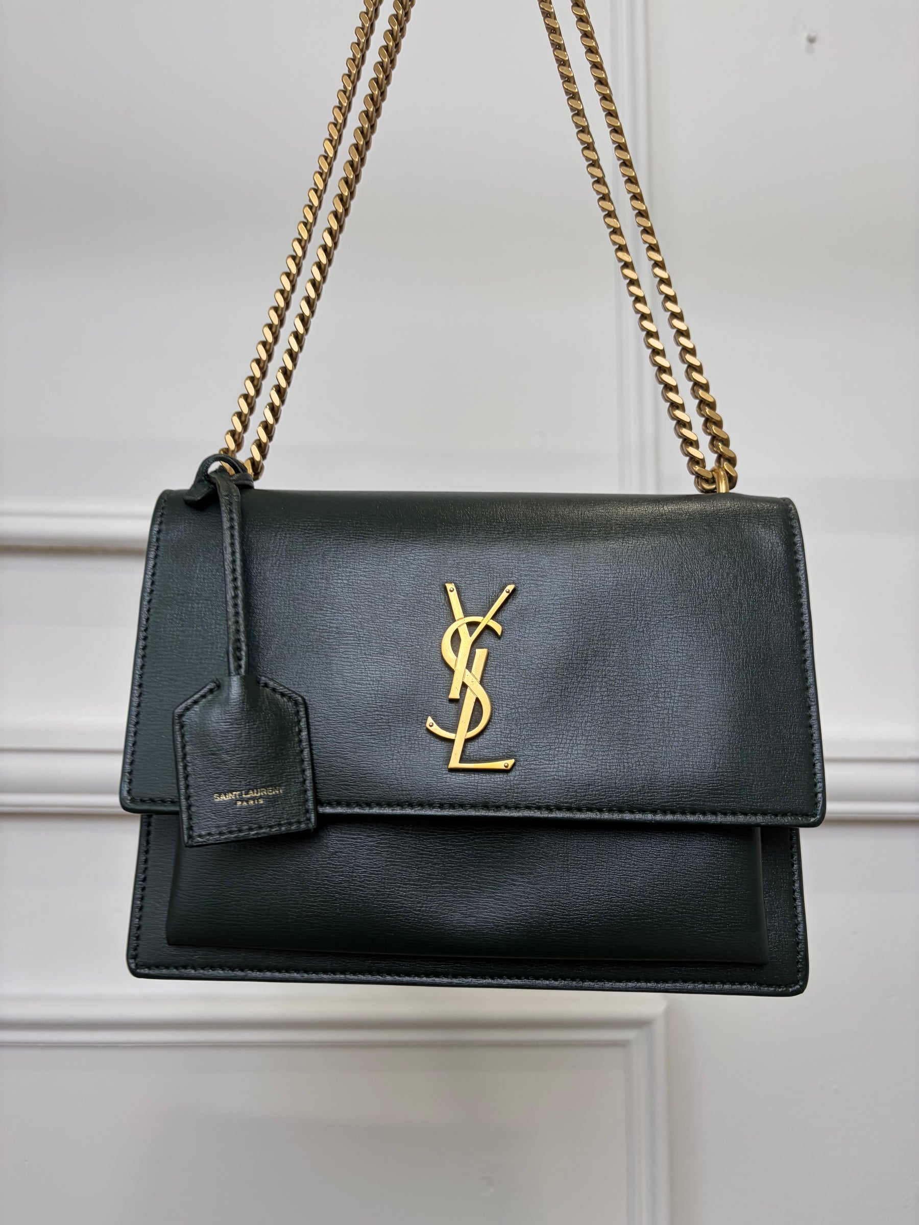Saint Laurent Forest Green Sunset Bag Gold HW Medium
