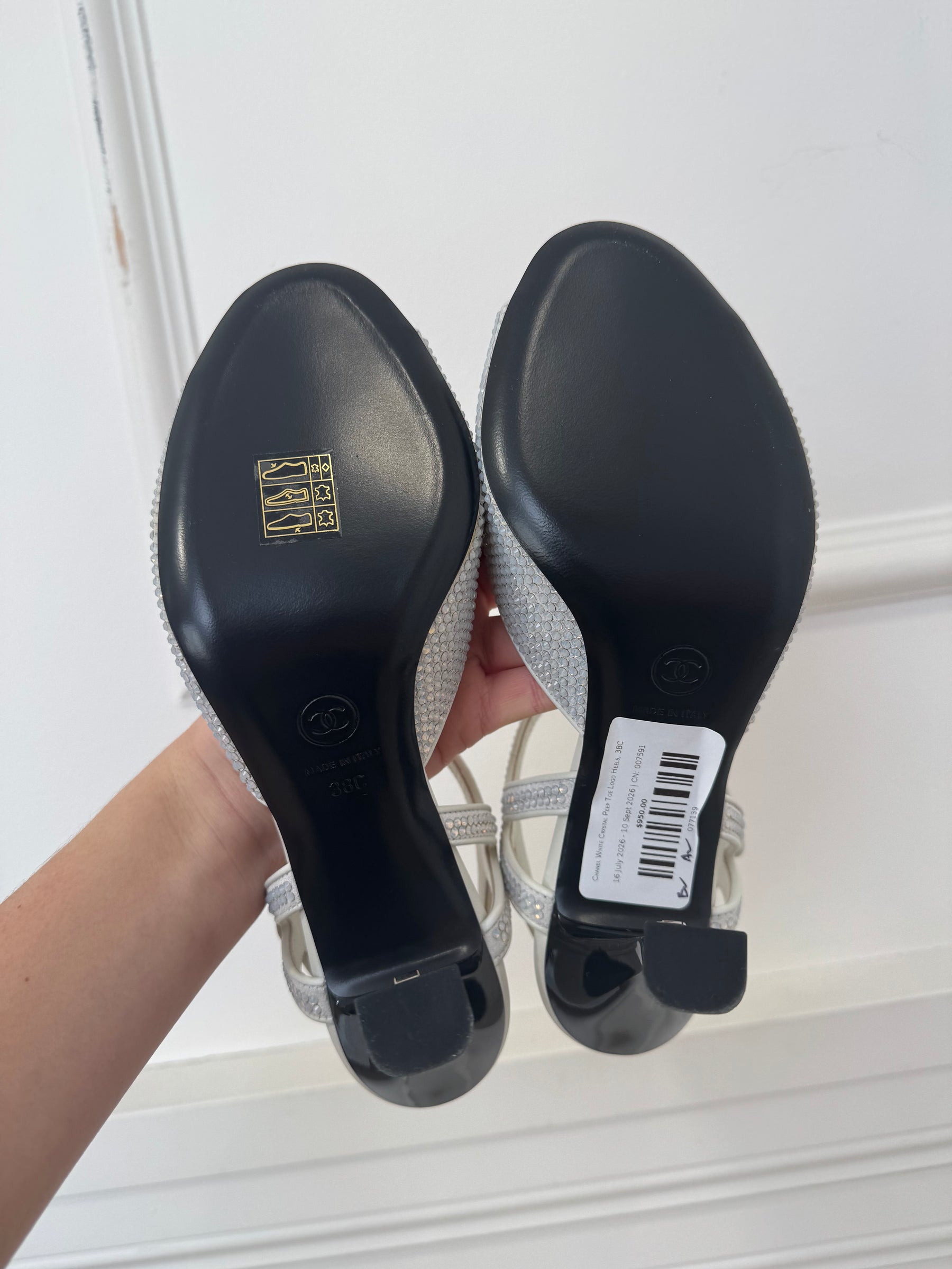 Chanel White Crystal Peep Toe Logo Heels, 38C