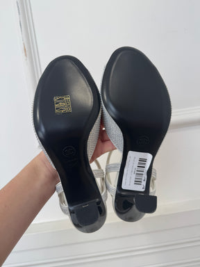 Chanel White Crystal Peep Toe Logo Heels, 38C