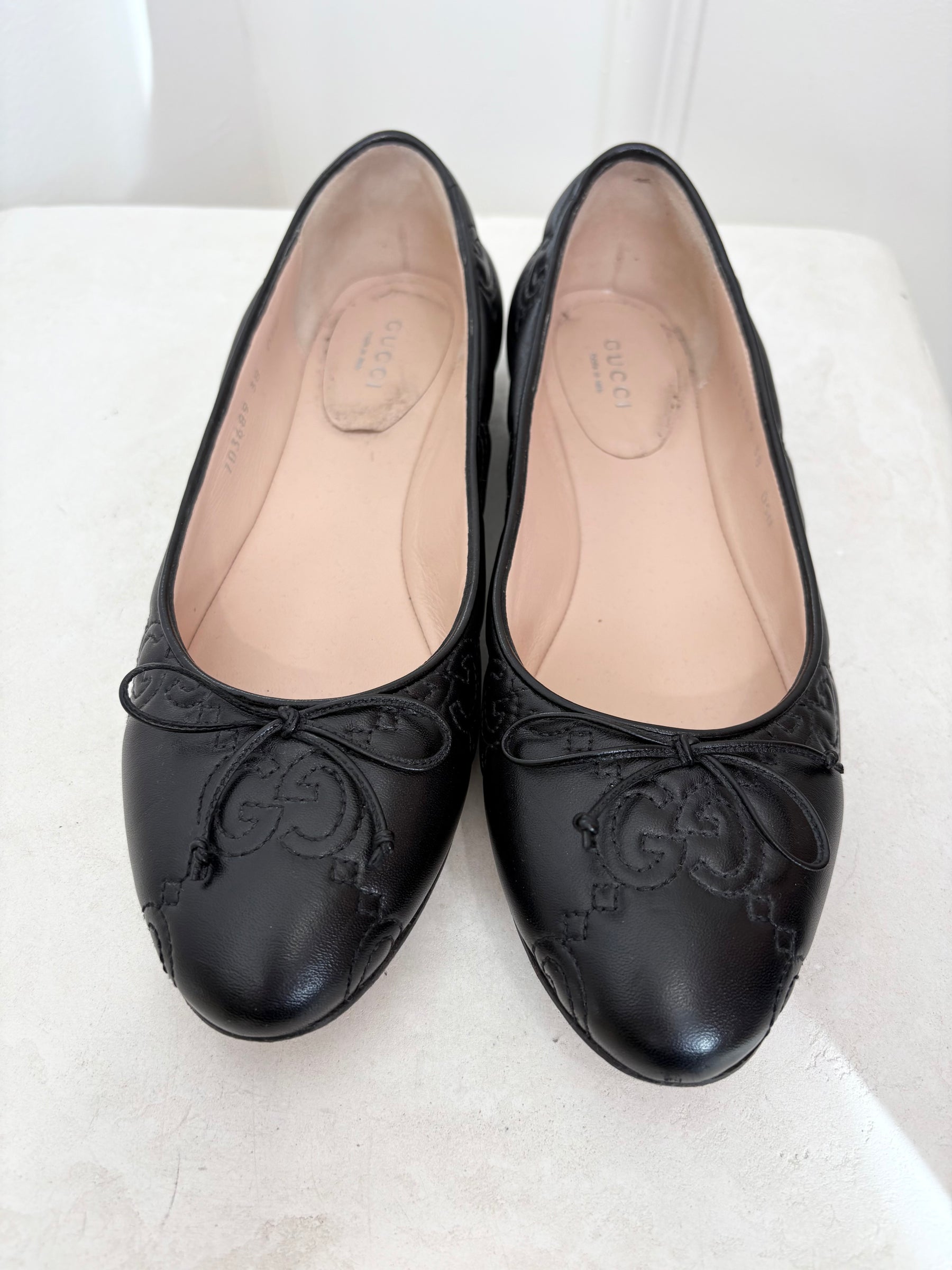 Gucci Black Leather Embossed Ballet Flats, 38