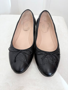 Gucci Black Leather Embossed Ballet Flats, 38