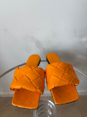 Bottega Veneta Orange Woven Lido Slides, 38