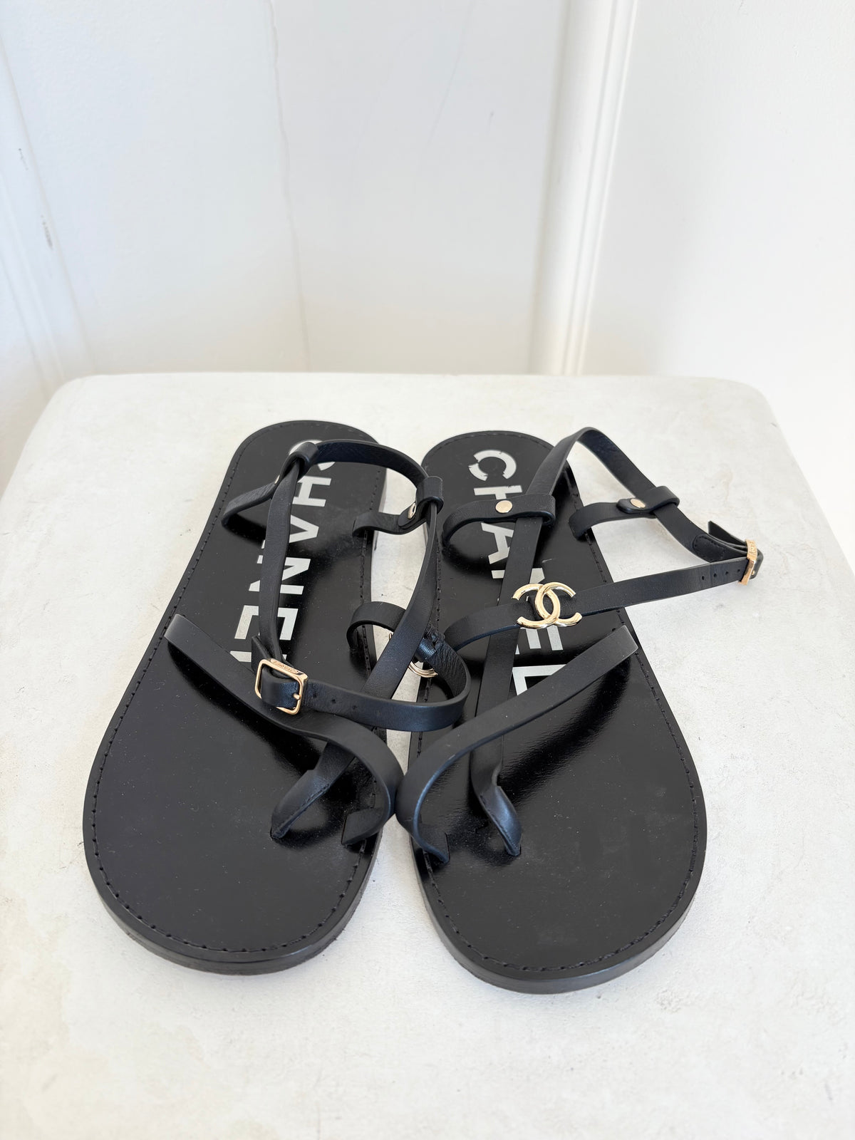 Chanel Black Leather Logo Strappy Sandal, 38