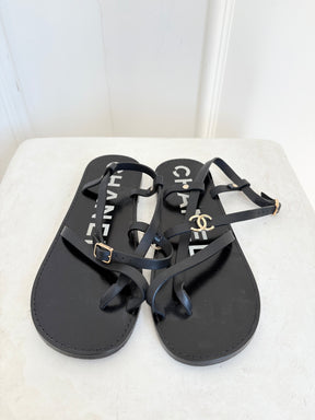 Chanel Black Leather Logo Strappy Sandal, 38