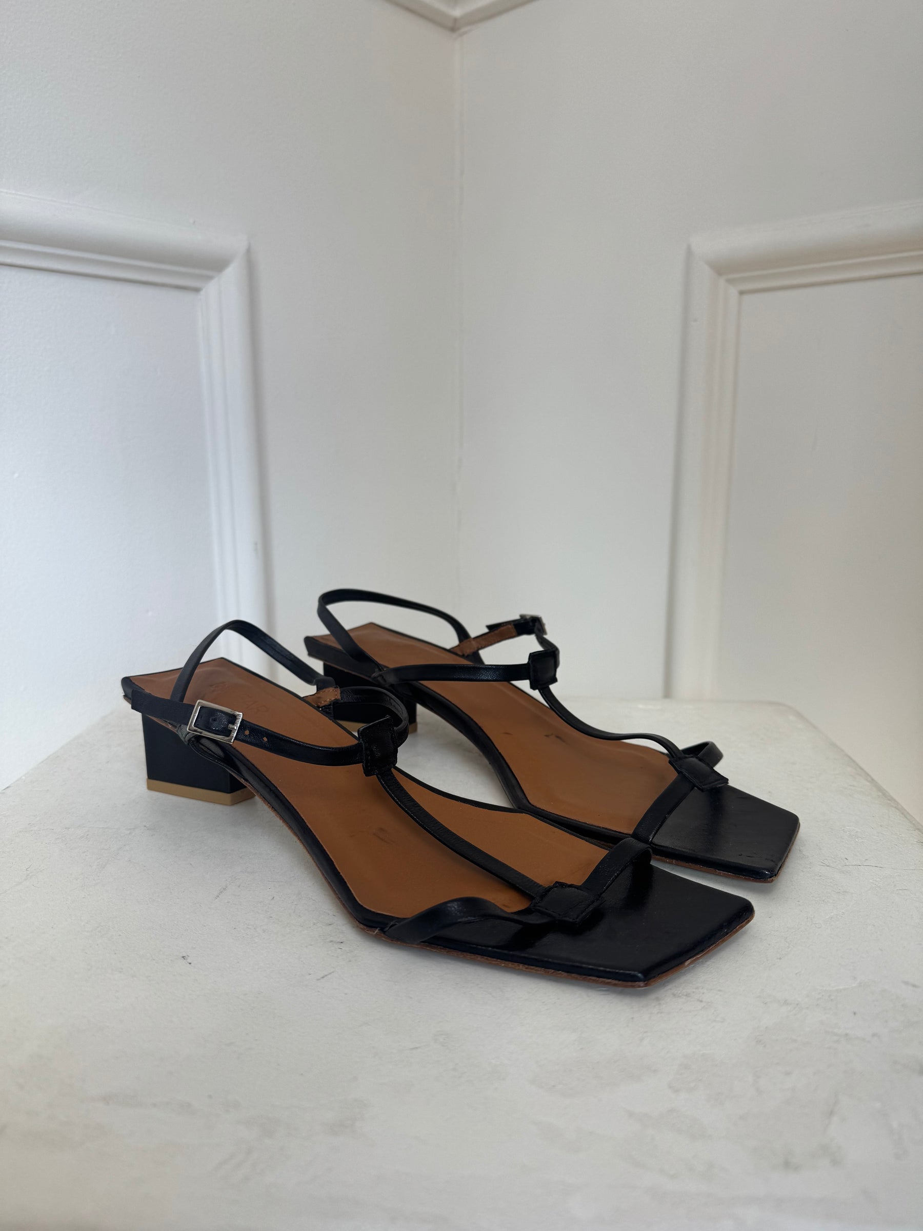By Far Black Leather T-Bar Sandals, 40