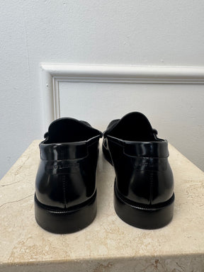 Saint Laurent Black Brushed Leather Logo Loafer, 38.5
