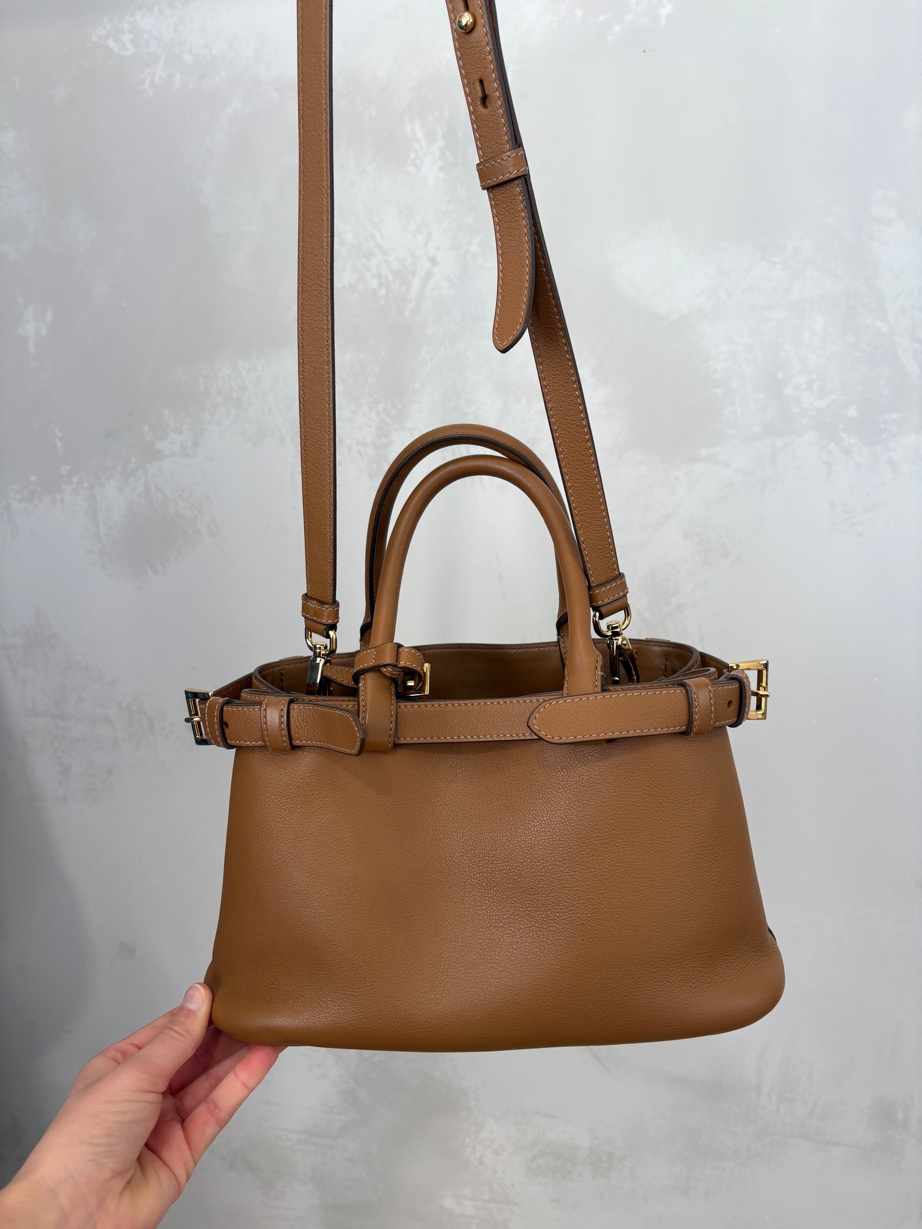 Prada Buckle Small Leather Handbag With Strap Caramel