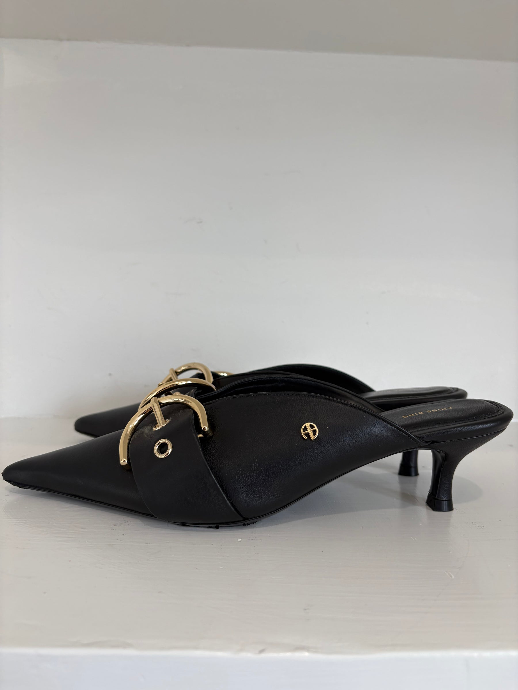 Anine Bing Black Leather Pointed Buckle Mules, 38