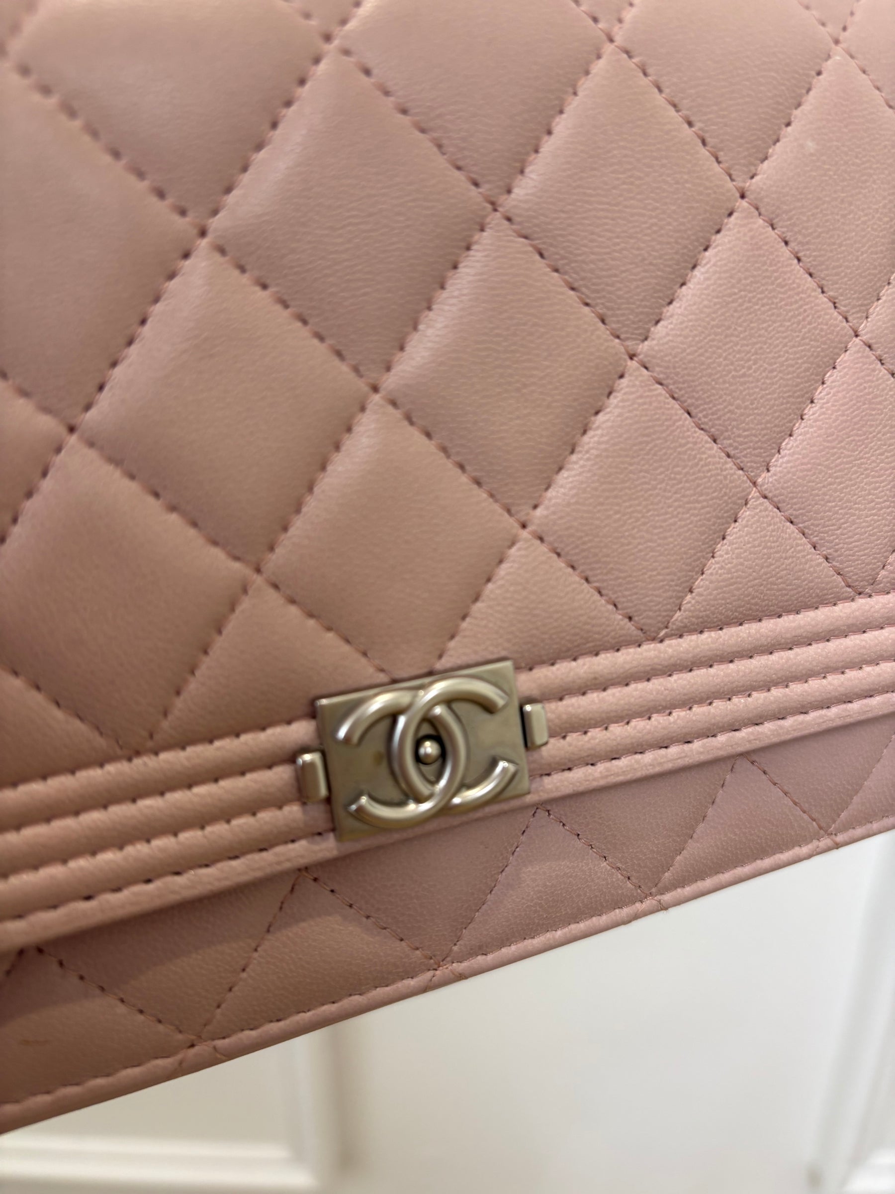 Chanel Baby Pink Iridescent Leather Boy Wallet On Chain