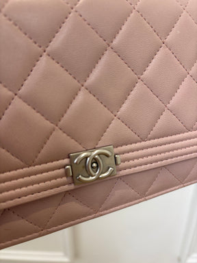 Chanel Baby Pink Iridescent Leather Boy Wallet On Chain