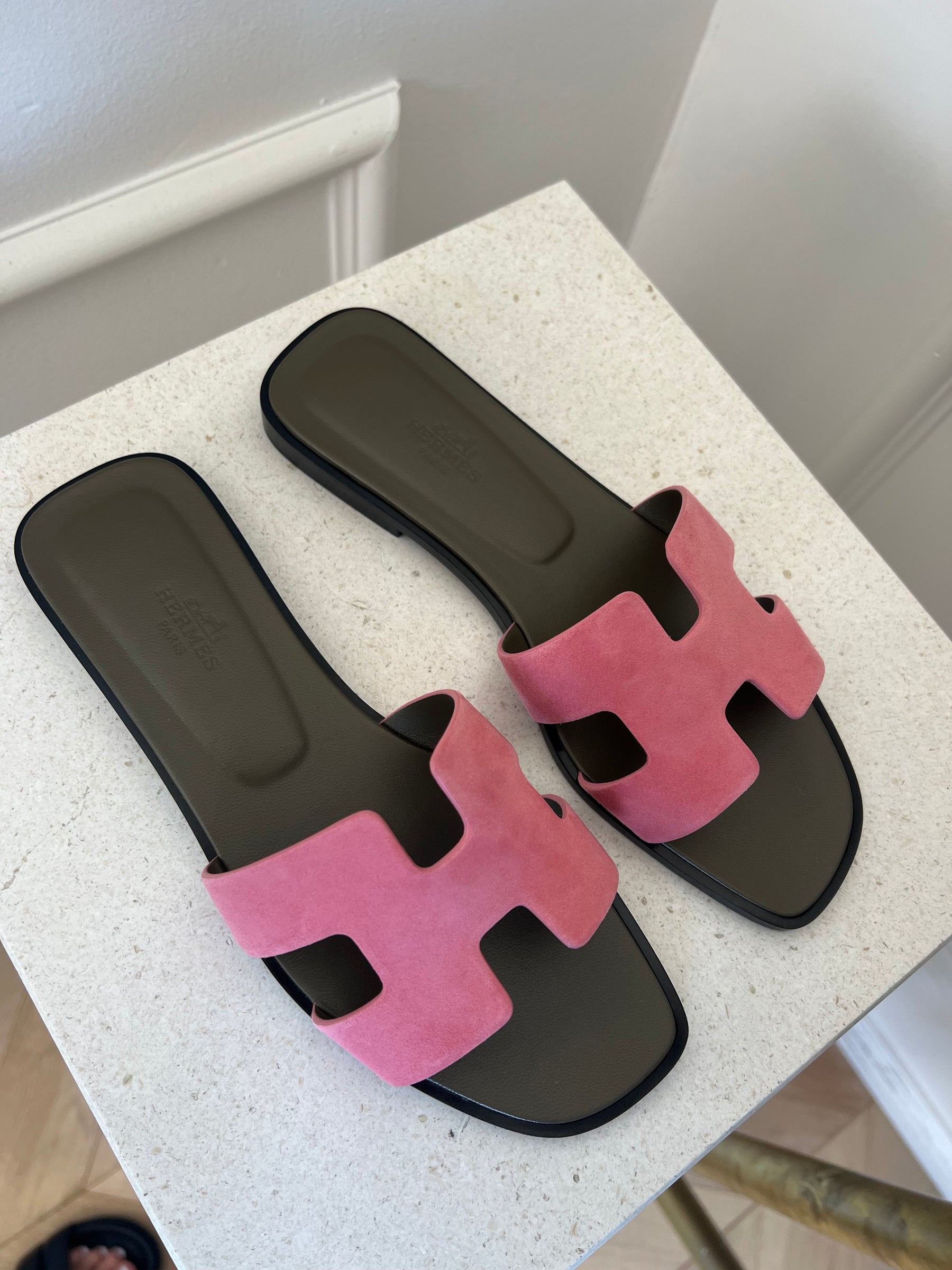Hermès Pink Suede and Khaki Oran Sandals, 37.5