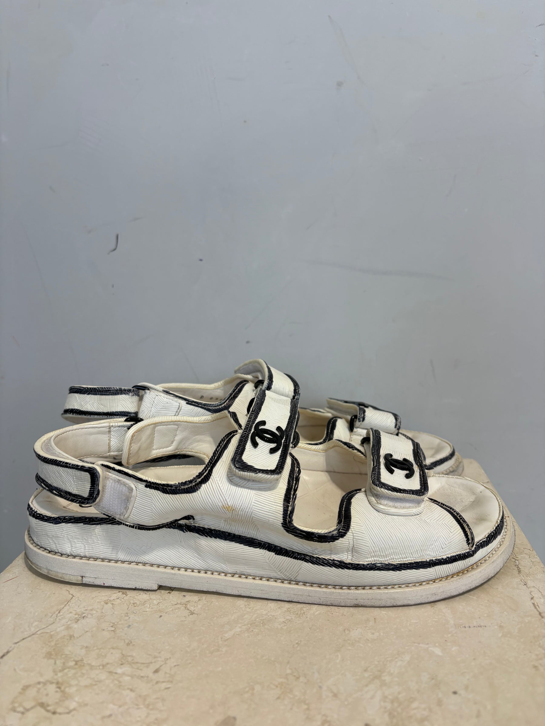 Chanel White Leather Sketch Dad Sandals, 39.5C