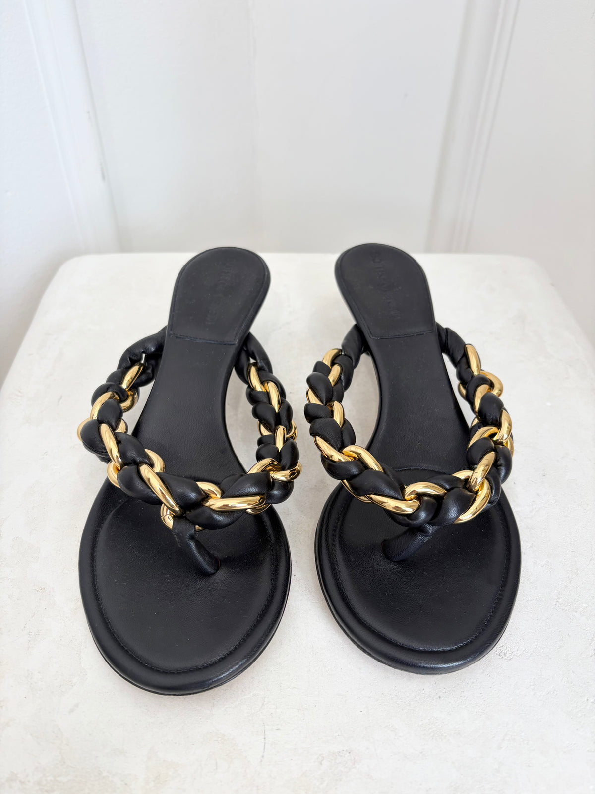 Bottega Veneta Black Leather with Gold Chain 'Dot' Sandals, 38.5
