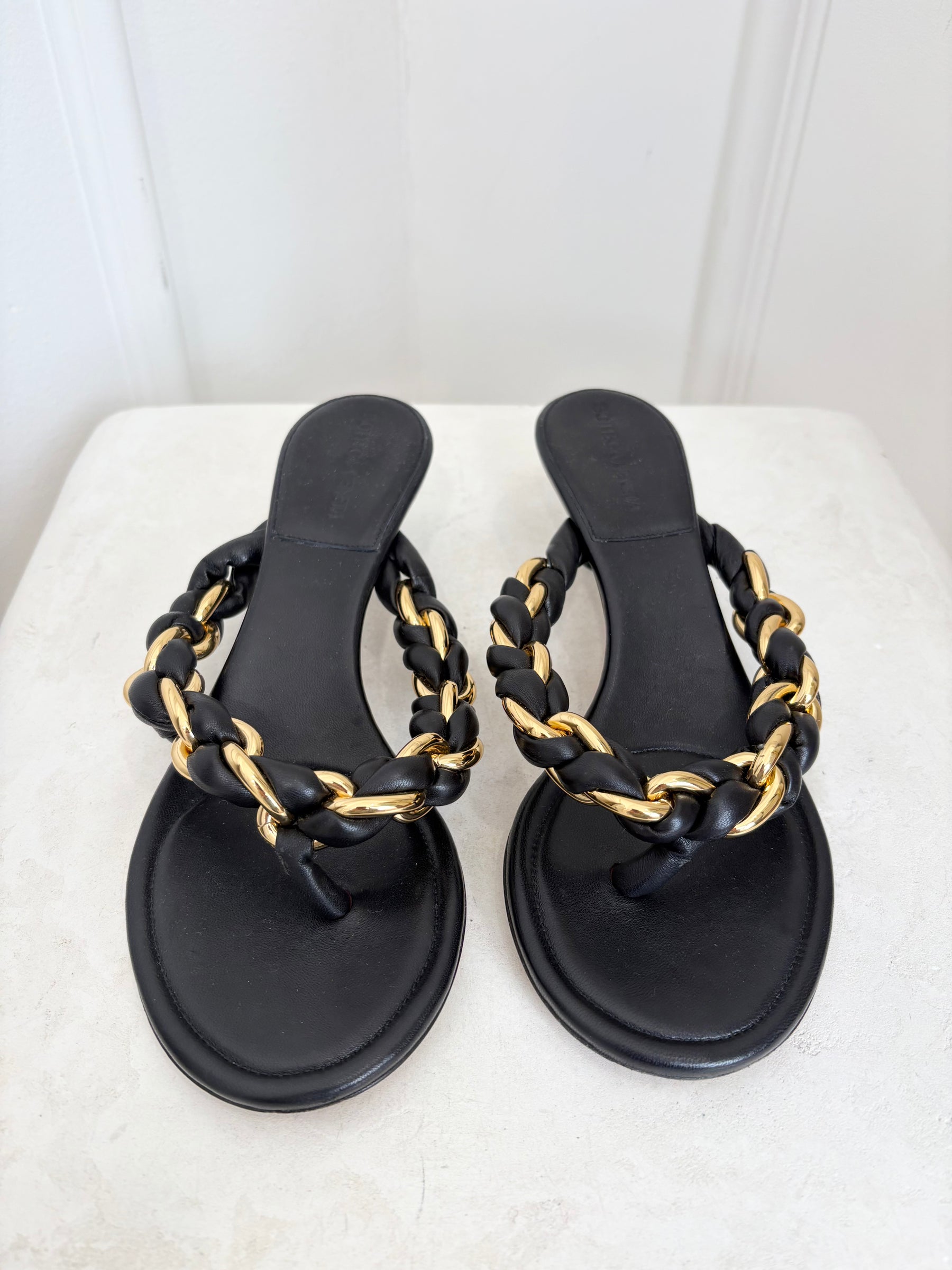 Bottega Veneta Black Leather with Gold Chain 'Dot' Sandals, 38.5