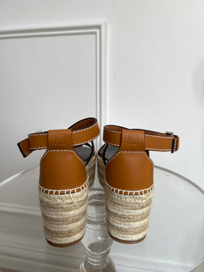 Loewe Tan Leather Gate Wedge Espadrille Sandals, 41