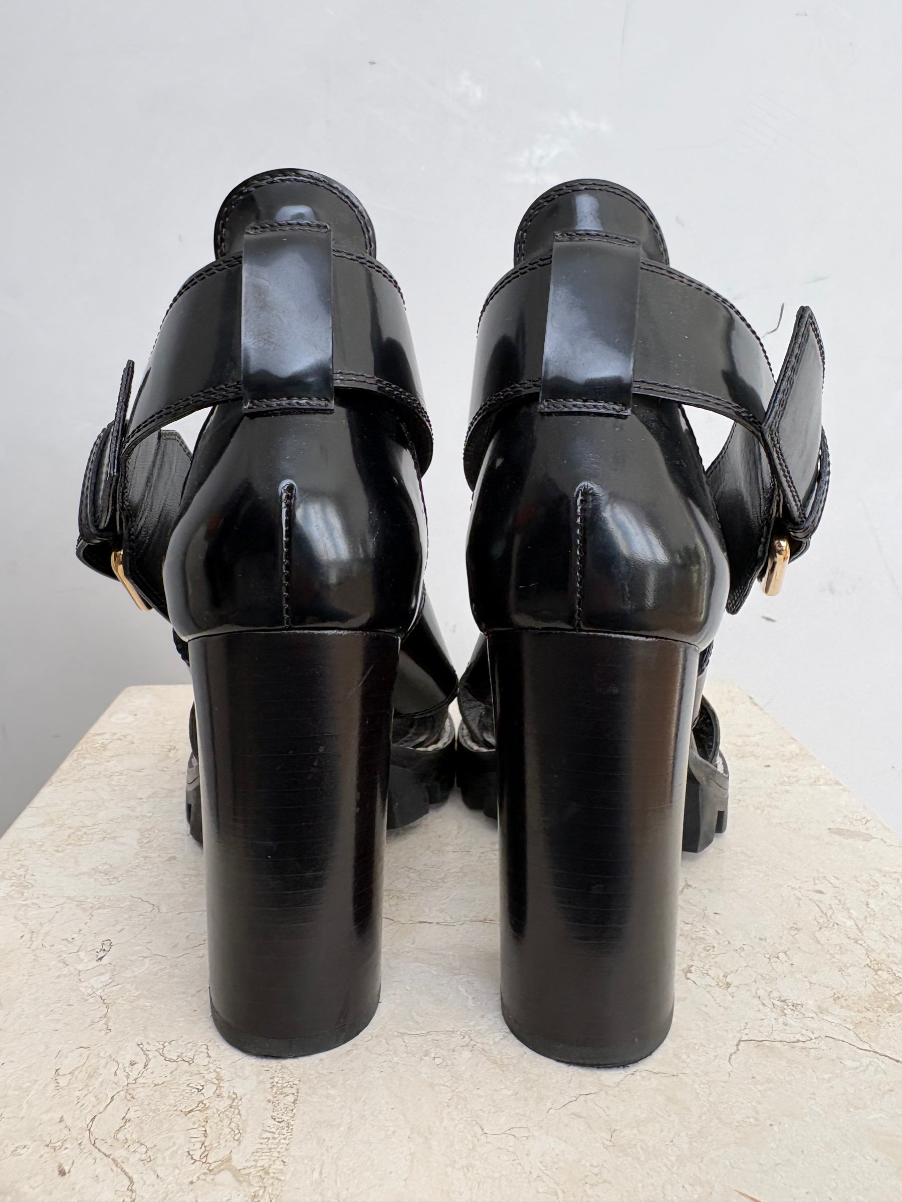 Louis Vuitton Black Leather and Canvas Monogram Chunky Strappy Heel, 36.5