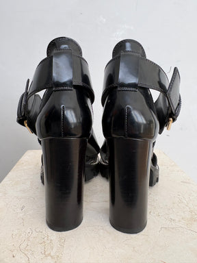Louis Vuitton Black Leather and Canvas Monogram Chunky Strappy Heel, 36.5