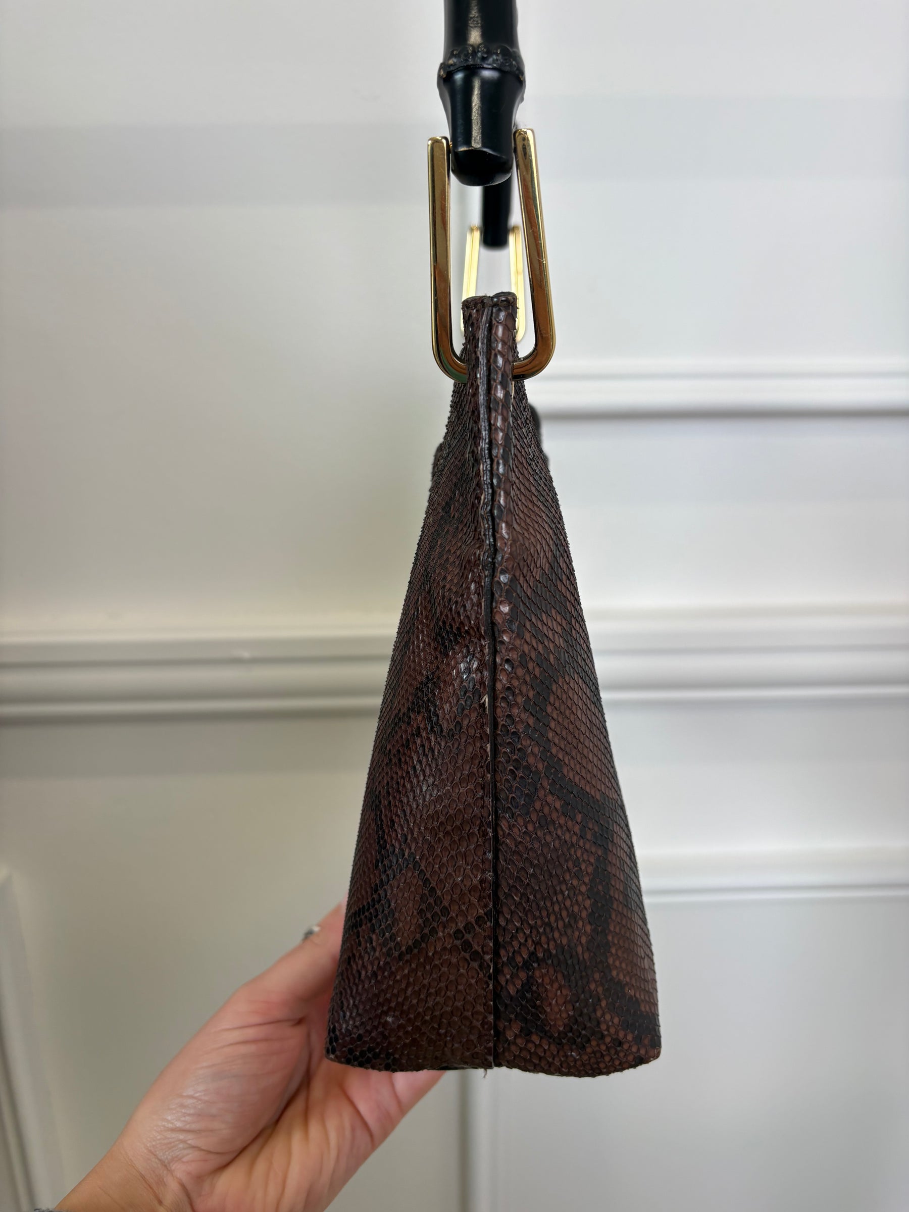 Gucci Snake Skin Shoulder Bag And Pouch Bamboo Handle