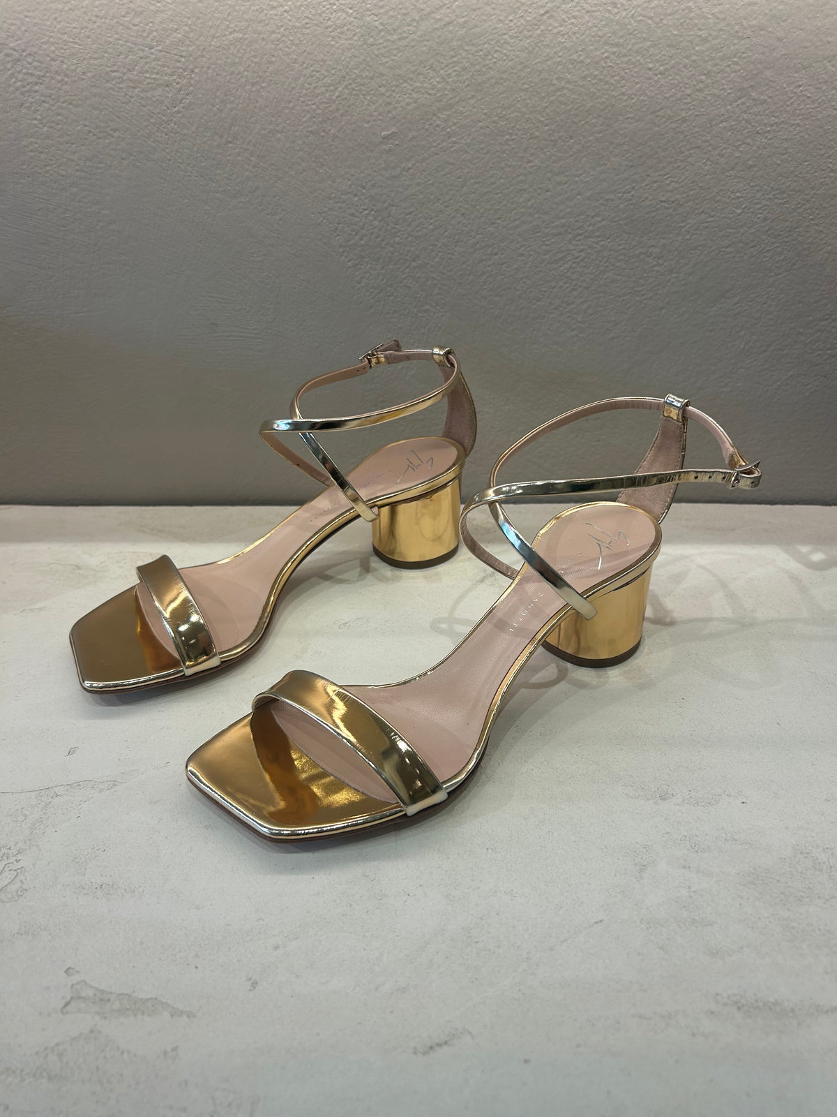 Giuseppe Zanotti Rose Gold Strappy Block Heels, 37.5