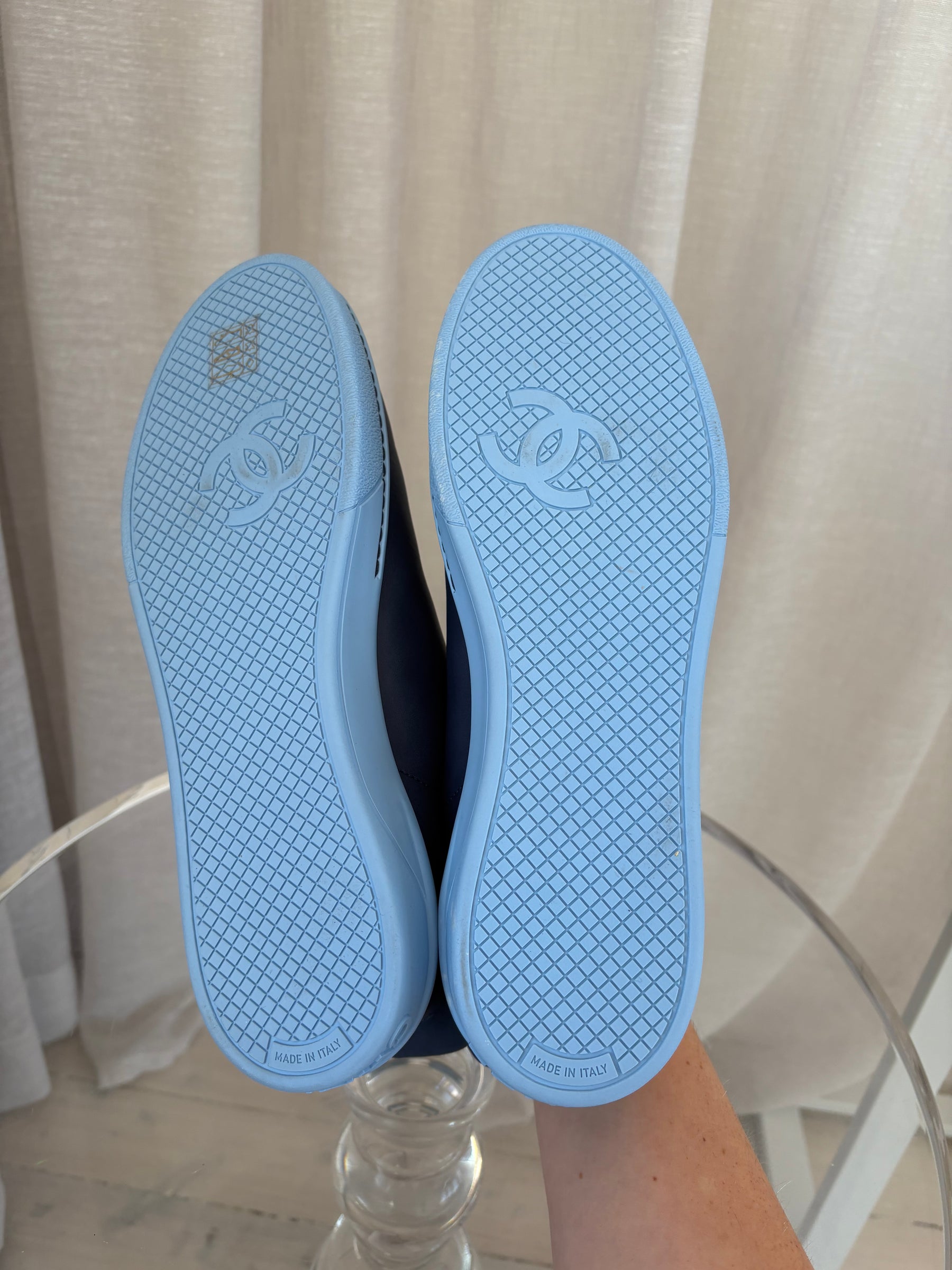 Chanel Navy Leather Logo Lace Sneaker, 40