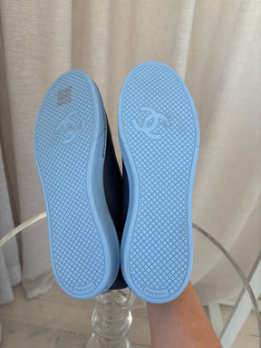 Chanel Navy Leather Logo Lace Sneaker, 40
