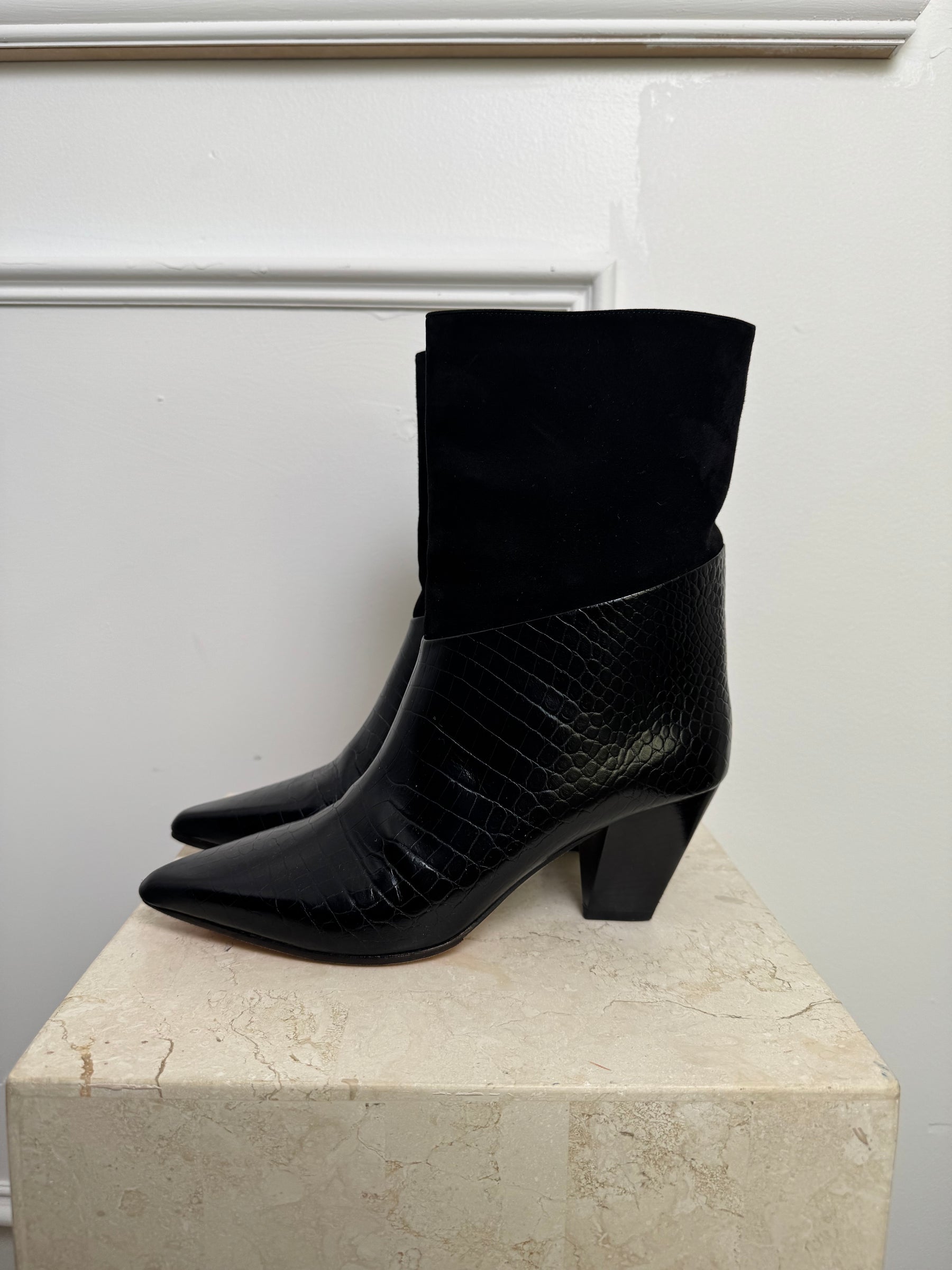 Jimmy Choo Black Croc Embossed Leather and Suede Ankle Boots, 39