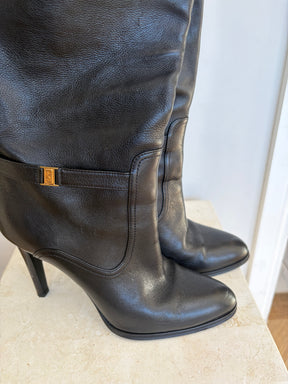 Saint Laurent Black Leather Diane Logo-Embellished knee boots, 41