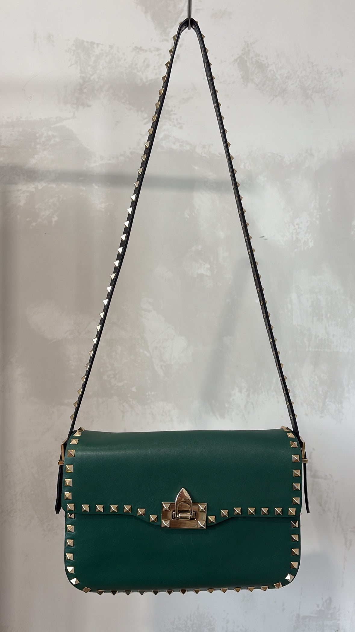 Valentino Rockstud Glam Lock Shoulder Bag In Green Black Trim