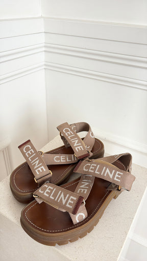 Celine Leo Strappy Sandal With Celine Jacquared Light Beige White, 38