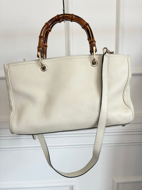 Gucci Bamboo Shopper Leather Tote Cream With Shoulder Strap