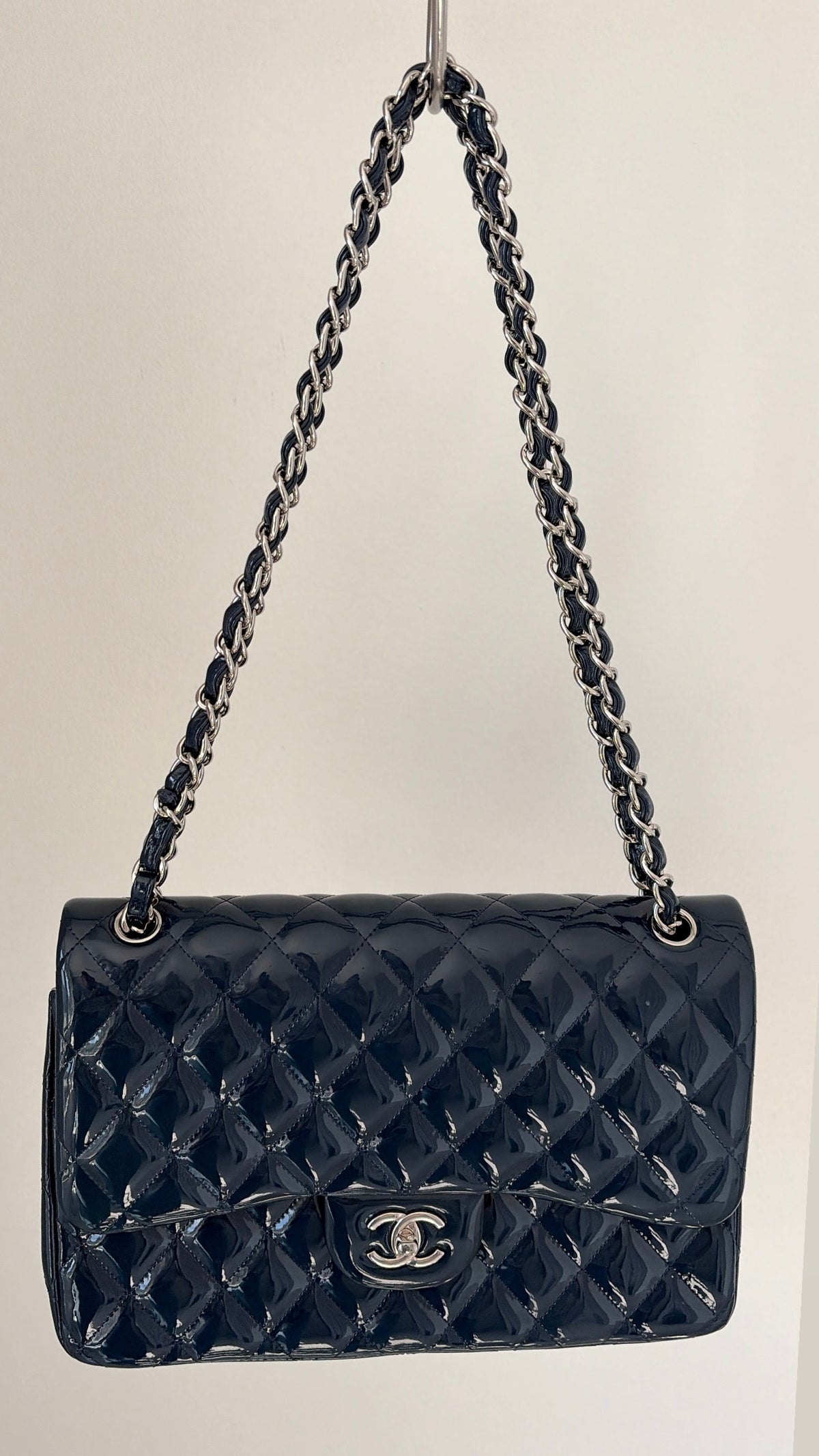 Chanel Navy Blue Patent Leather Jumbo Flap Bag