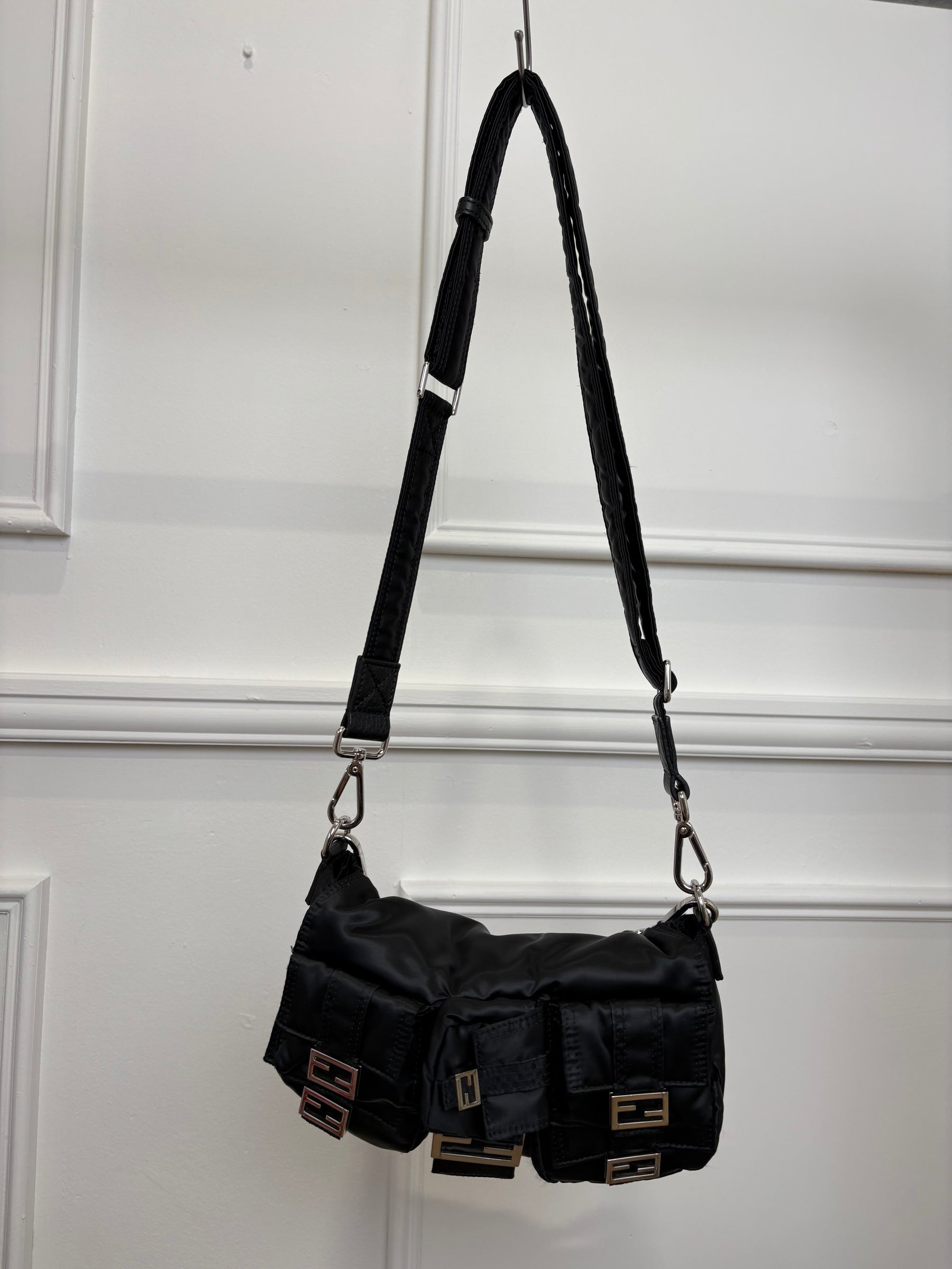 Fendi Black Nylon Multi Pocket Convertible Baguette Bag