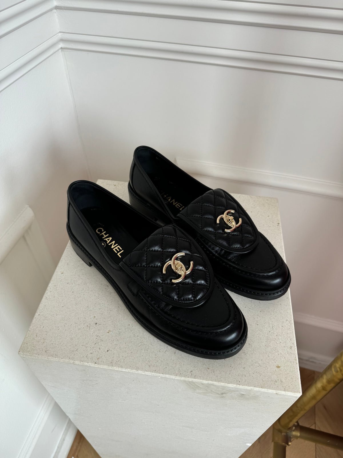 Chanel Black Leather Quilted CC Loafers, 40.5C