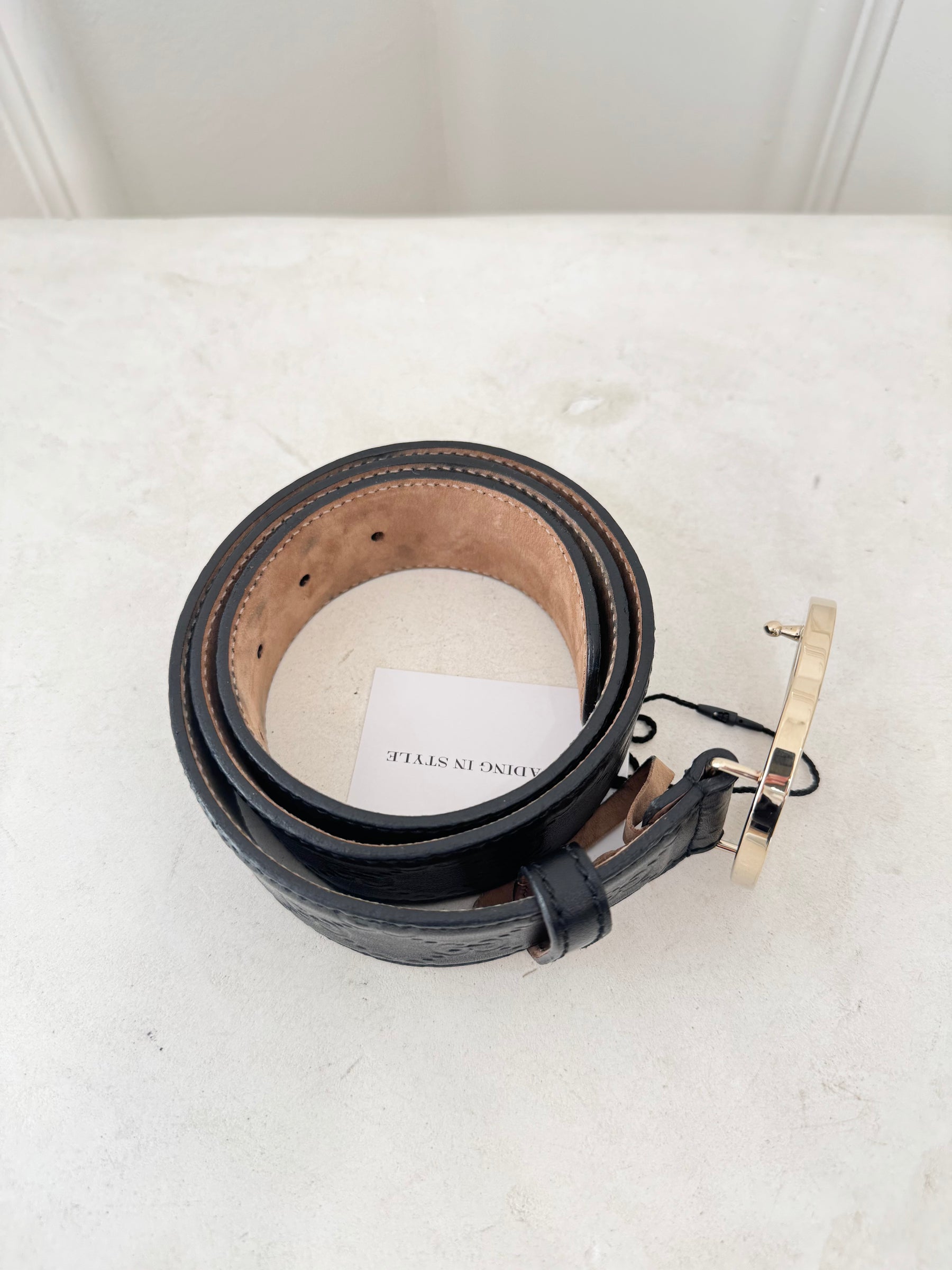 Gucci Black Monogram Gold Buckle Belt
