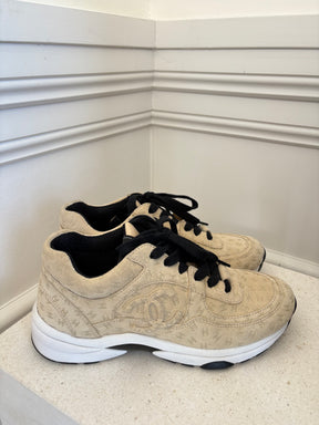 Chanel Beige Suede Logo Embossed Trainers, 38