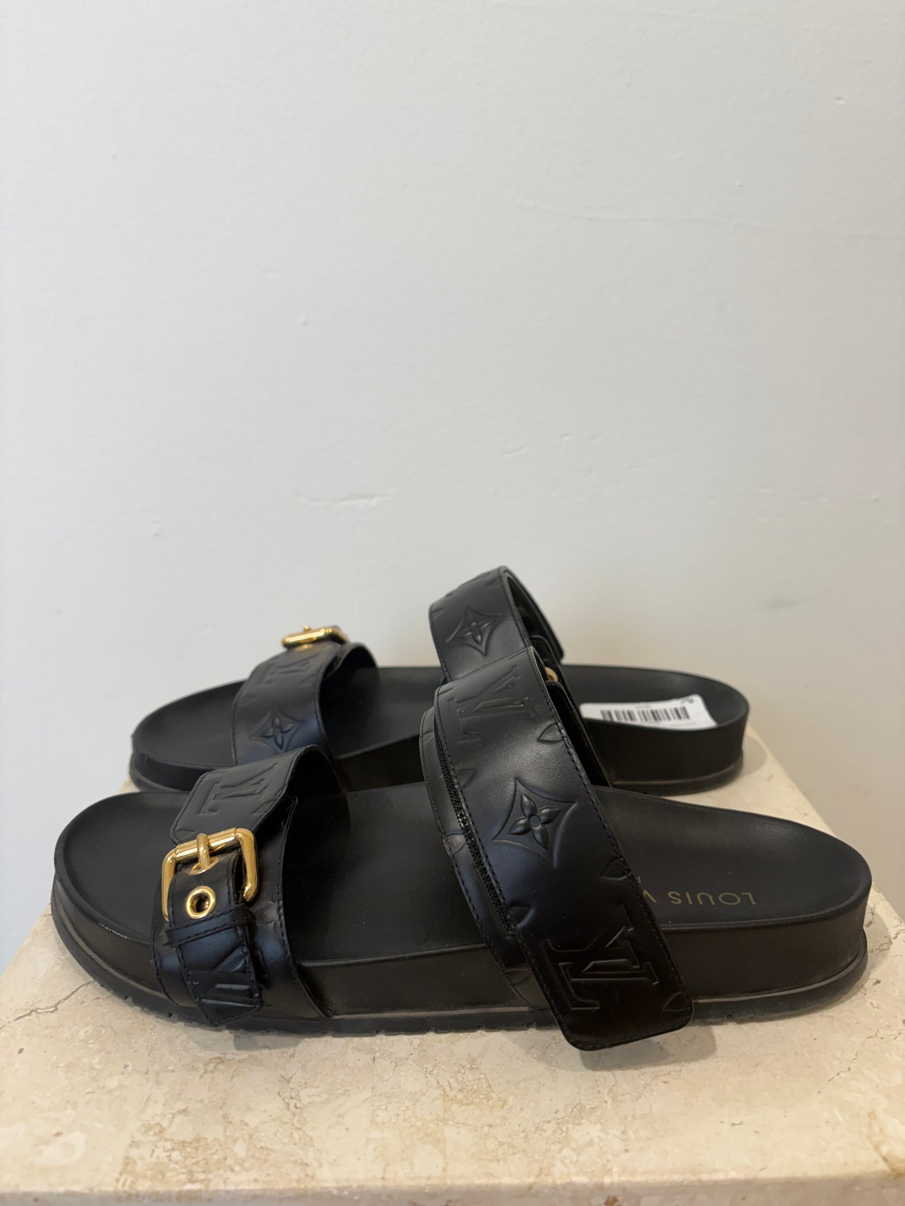 Louis Vuitton Black Leather Bom Dia Slides, 41