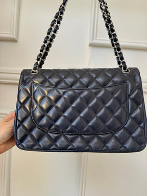 Chanel Navy Lambskin Leather Jumbo Double Flap with Silver Hardware